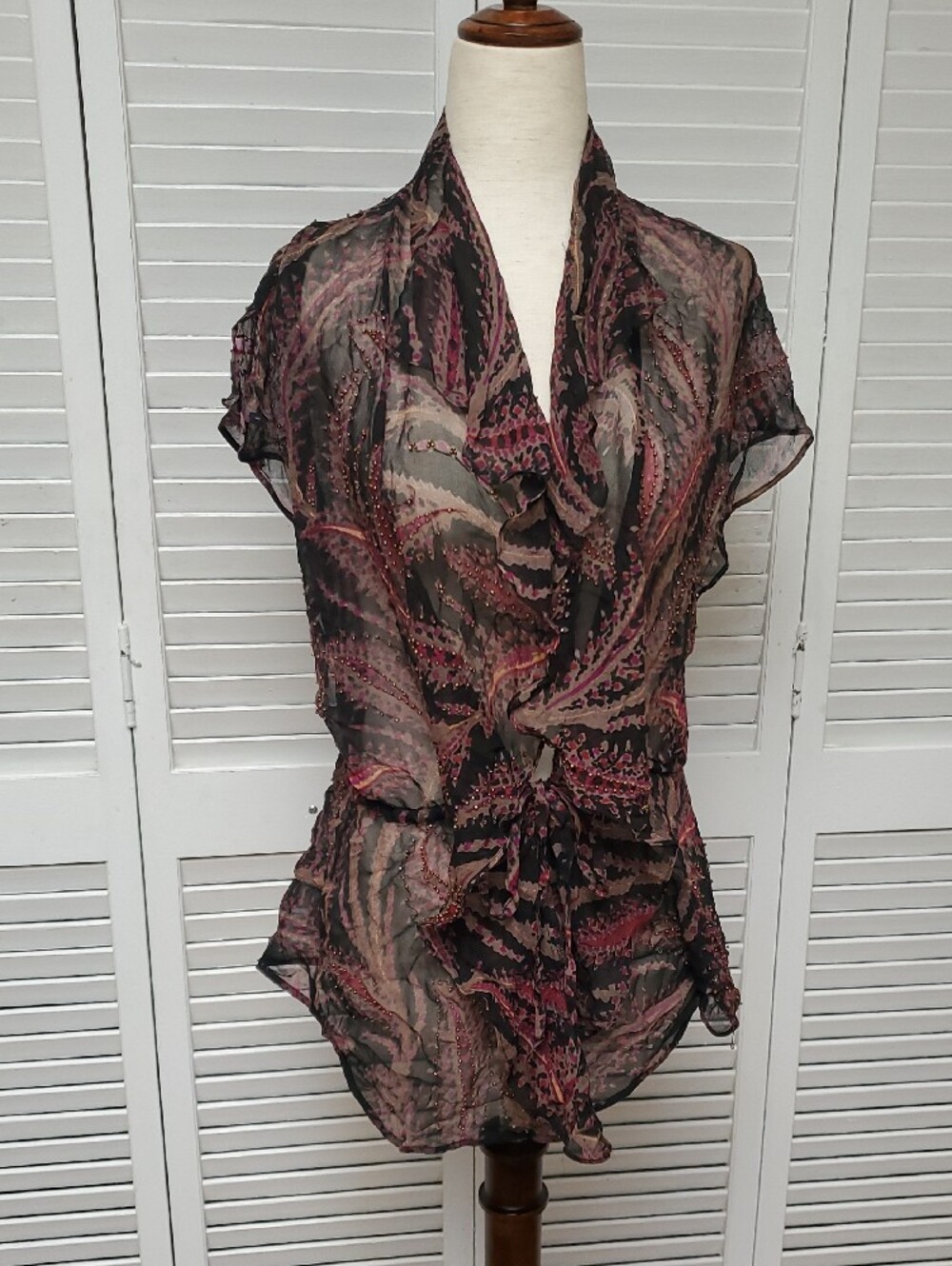 Vintage Madison Marcus Silk Sheer Ruffled Beaded Blouse with Burgundy Leaf Print